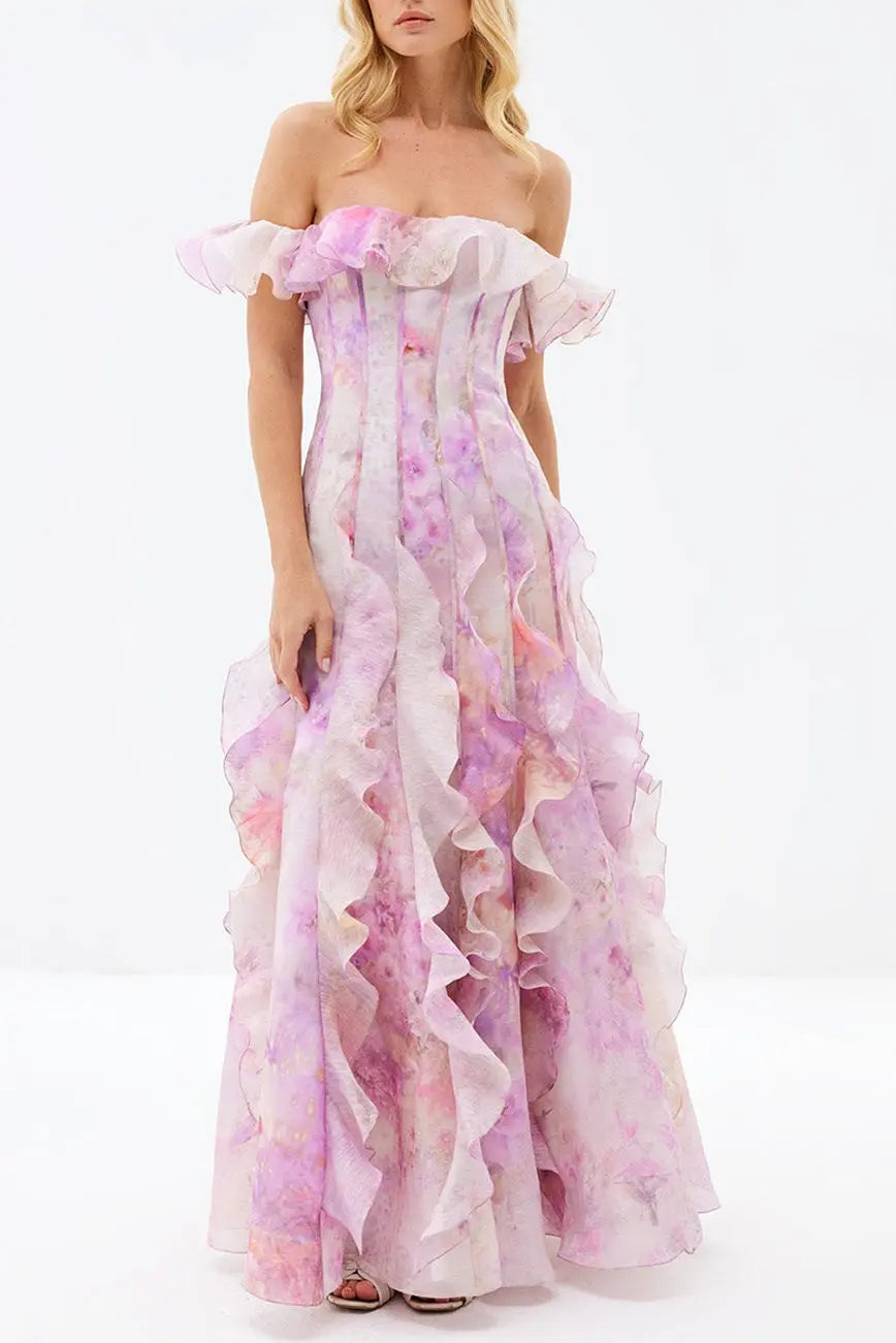 Floral Frill Off-Shoulder Maxi Dress in Pink