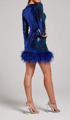 Sequin Feather Mini Dress In Sapphire