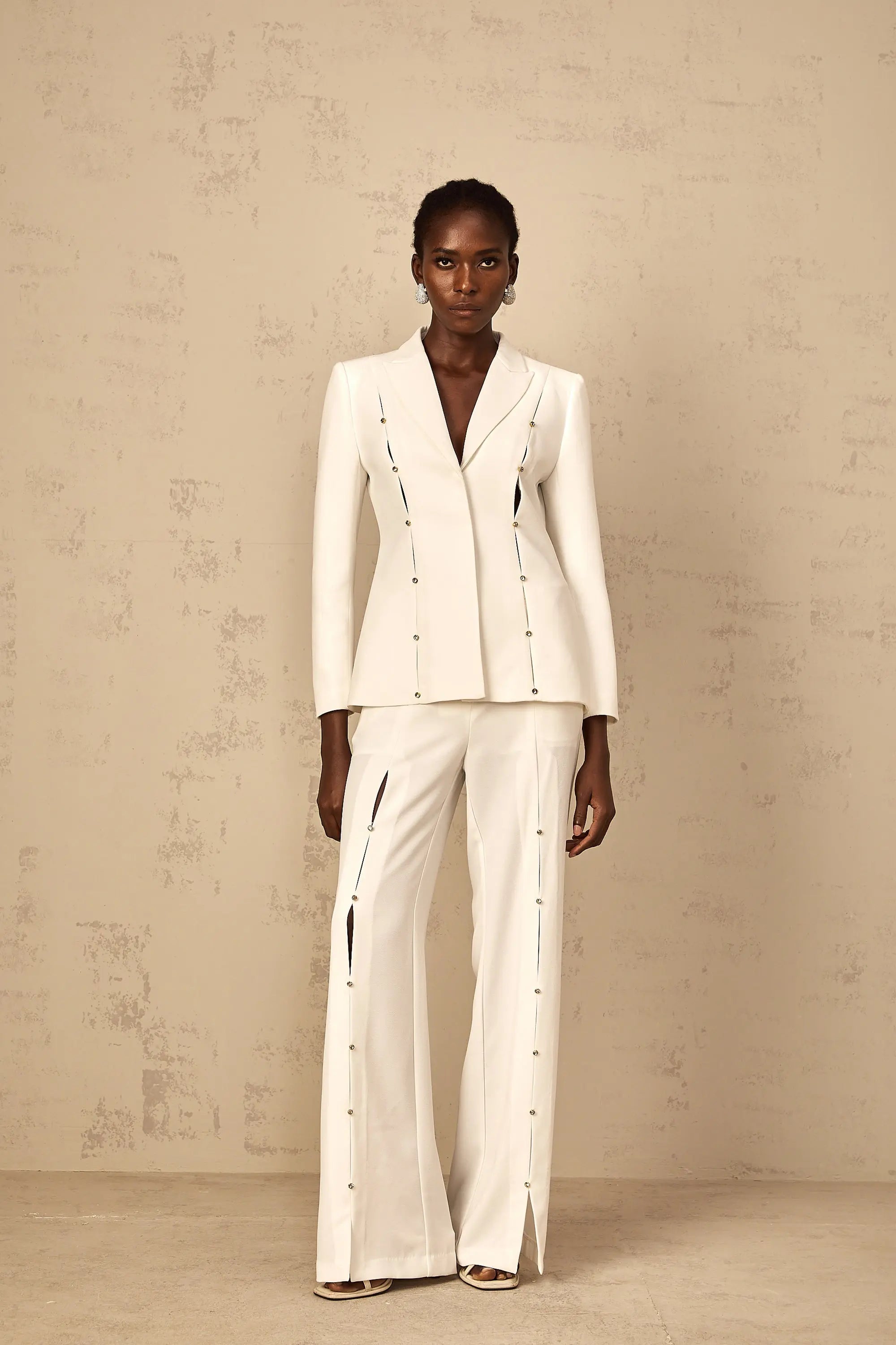 Diamond Hollow Out Blazer Set in White