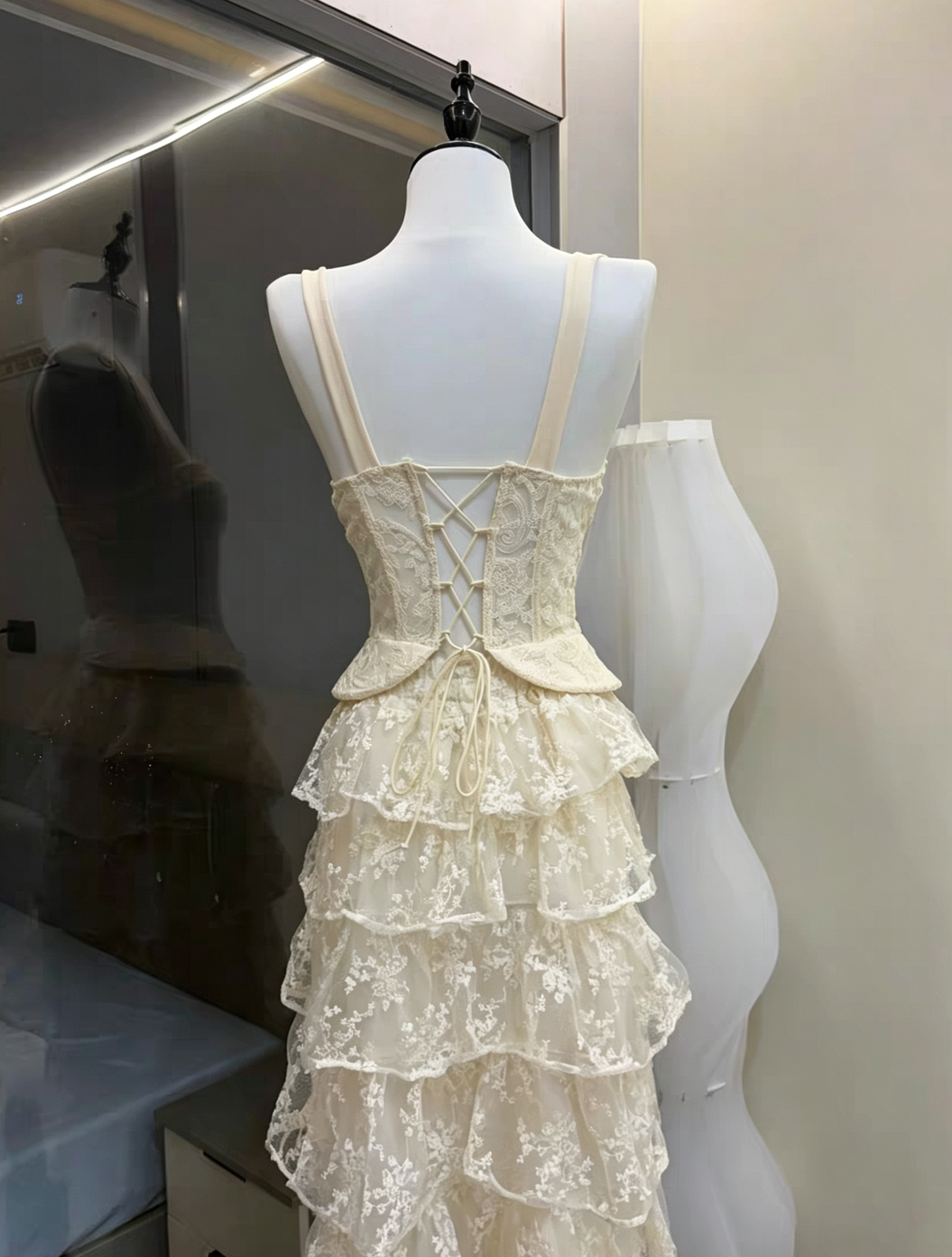 Wide Strap Lace Corset Peplum Top & High Low Lace Skirt Set