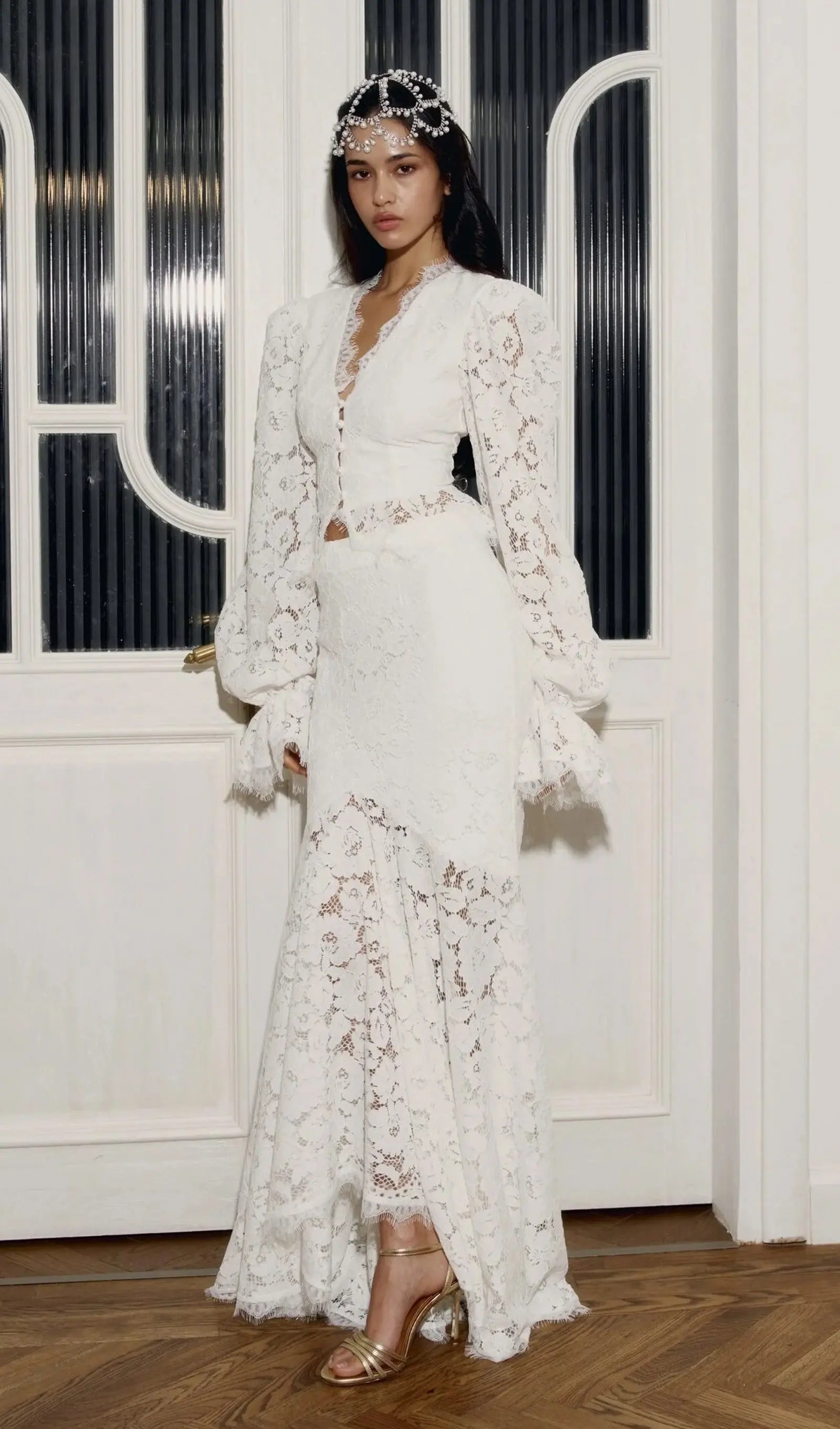 Lace Trimmed Puff Sleeved Top & Skirt Set in white