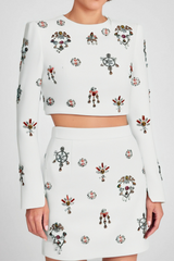 White Rhinestone Embellished Skirt Set