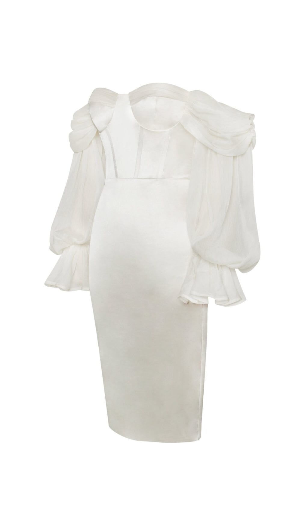 White Satin Off Shoulder Puff Sleeve Dress