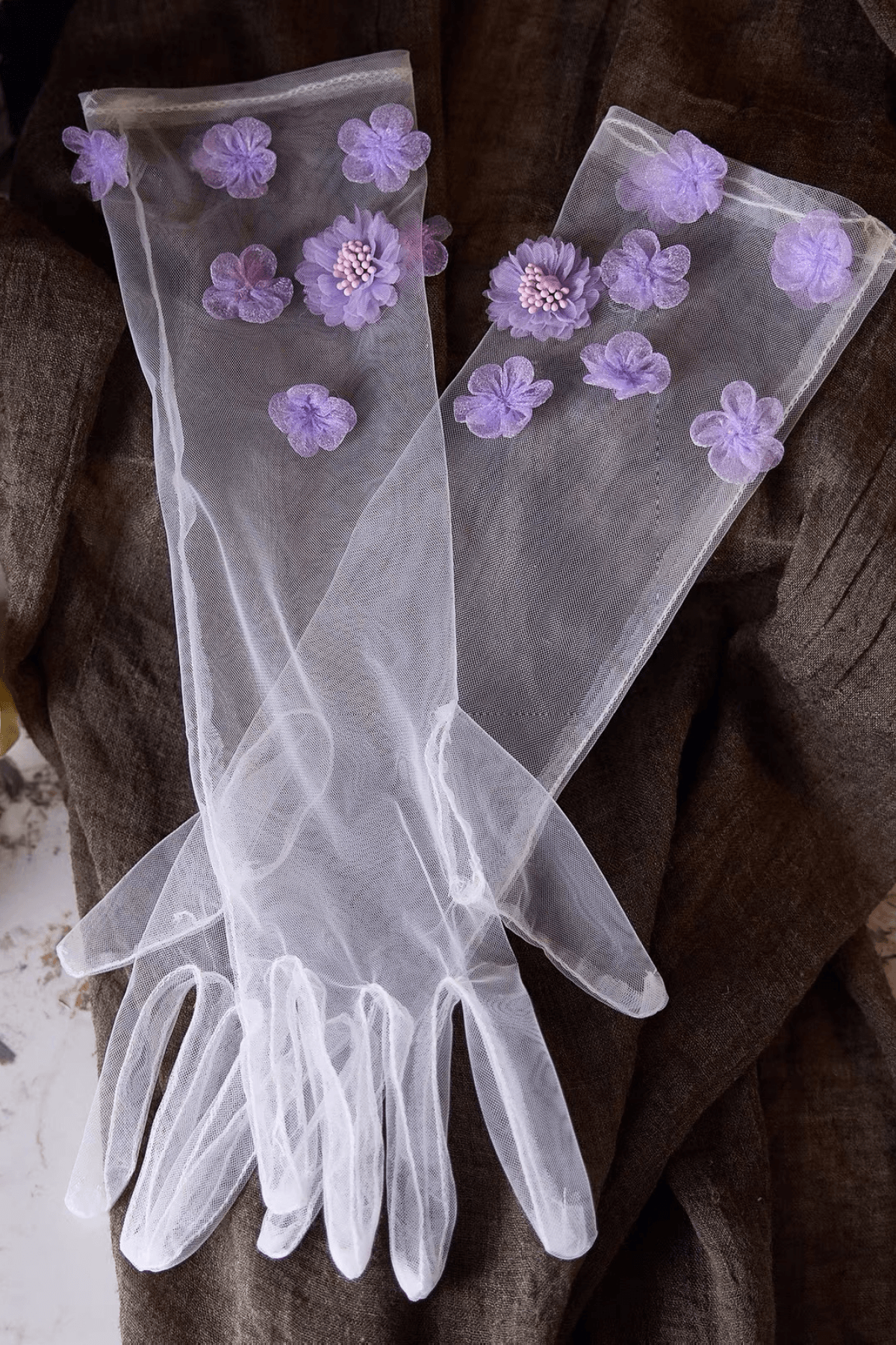 Purple 3D Flower Decor Sheer Long Gloves