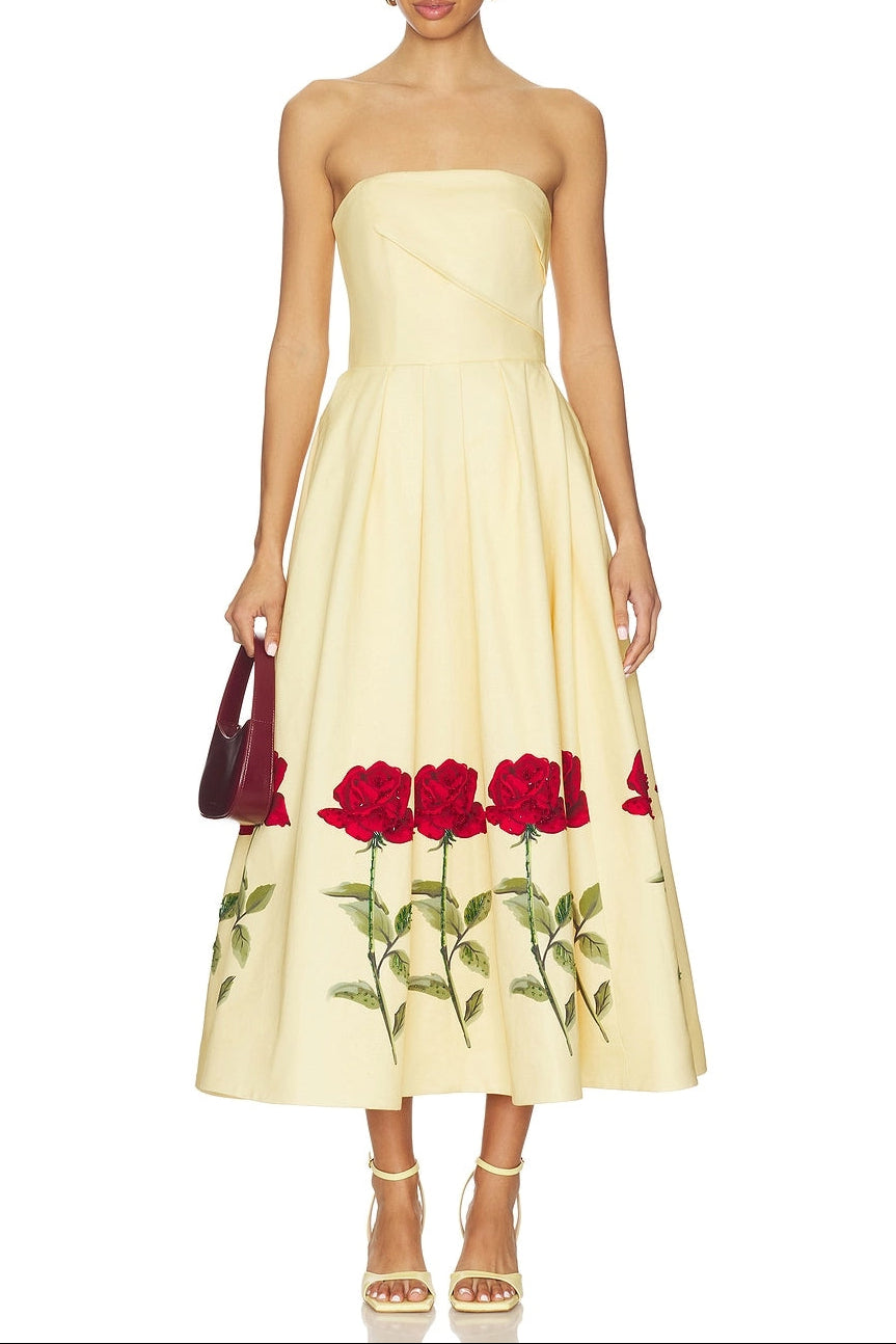 Satin Floral Print Off-Shoulder Midi Dress
