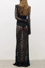 V Neck Hollow Long Sleeve Lace Maxi Dress in Black