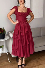 Square Neck Ruffle Sleeves Backless Dress