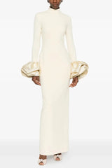 White Ruffled Crystal-Embellished crepe Mock-Neck Gown