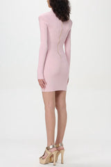 V-Neck Metal Button Knitted Mini Dress in Pink