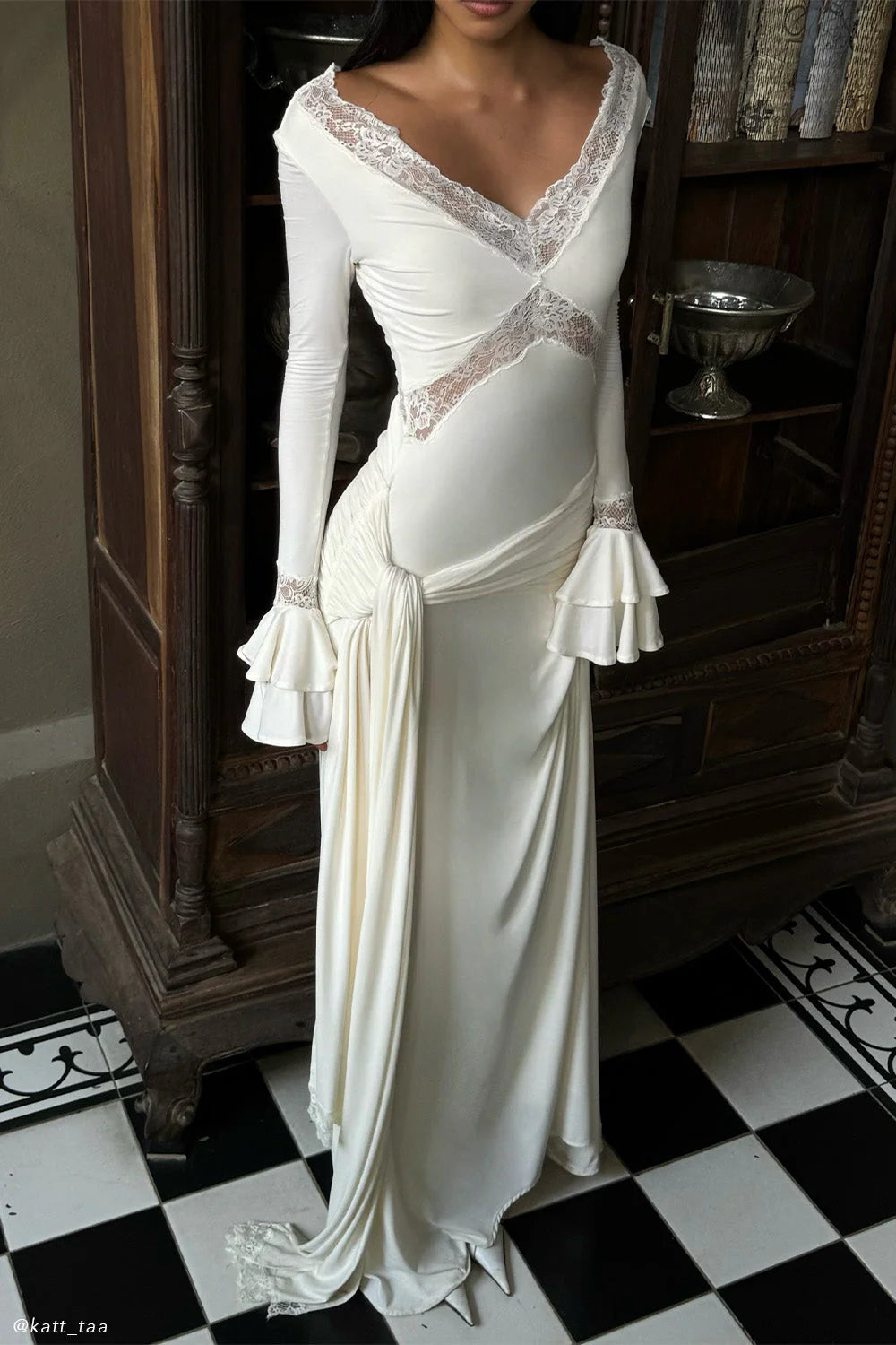 V-Neck Lace See-Through Maxi Dress in White