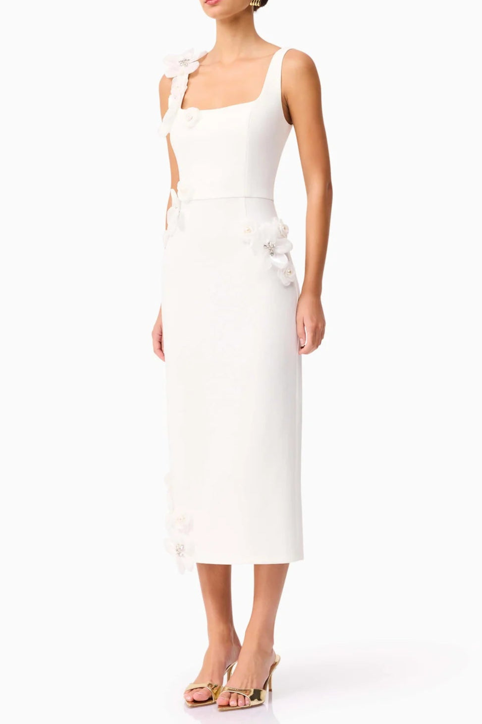 3D Flower Midi Dress in White