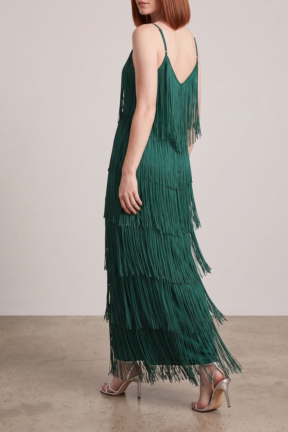 Strap V-Neck Layered Fringe Maxi Dress
