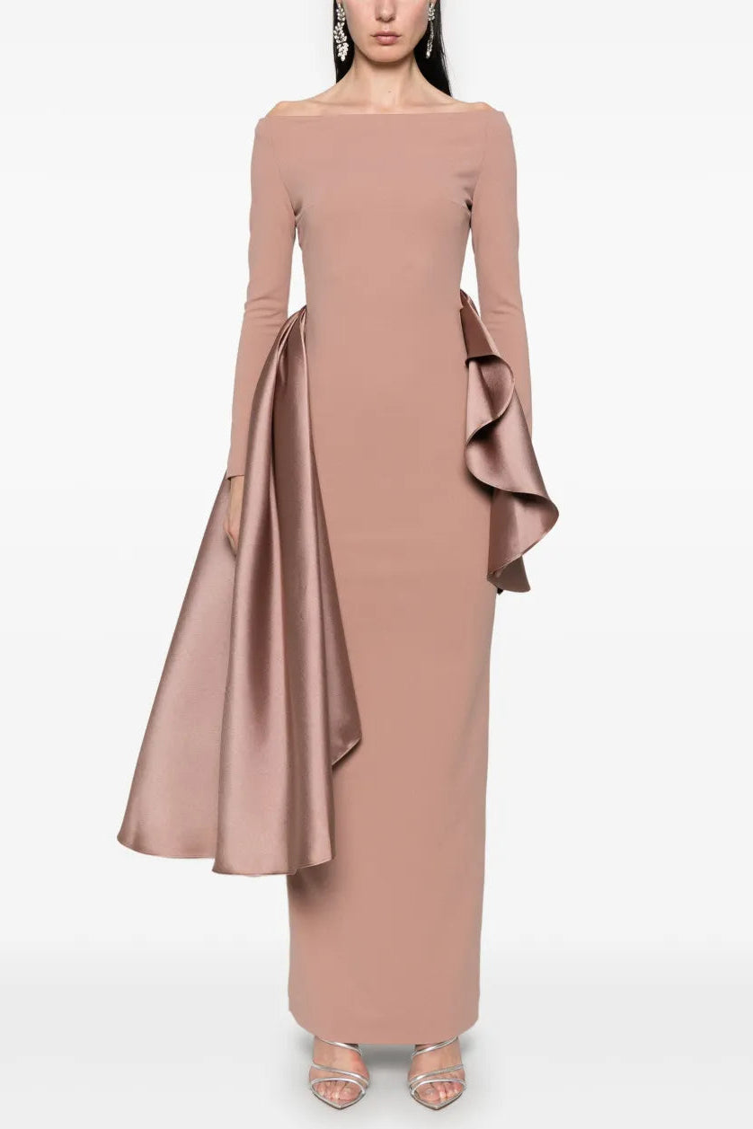 Ruffle Trim Long Sleeve Maxi Dress in Pink