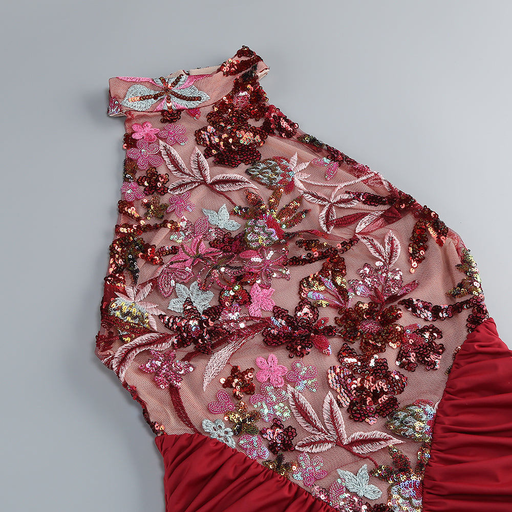 Sequin Embroidery Halter Maxi Dress in Red