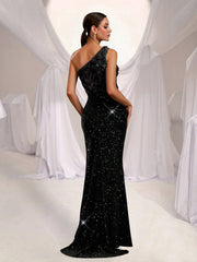 Black Floral One Shoulder Cocktail Dress