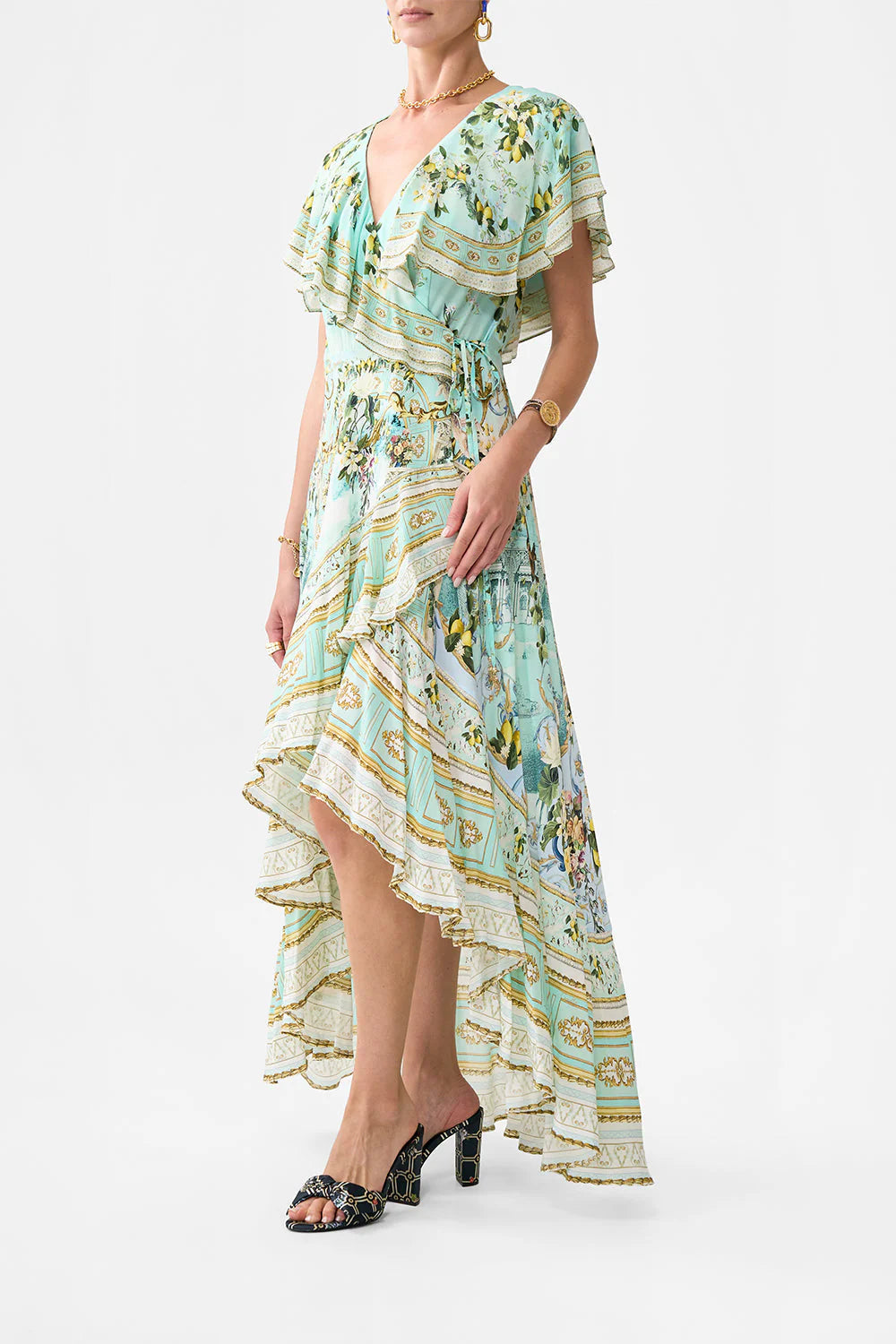 Green-Printed Ruffled V-Neck Hem Silk Maxi Dress