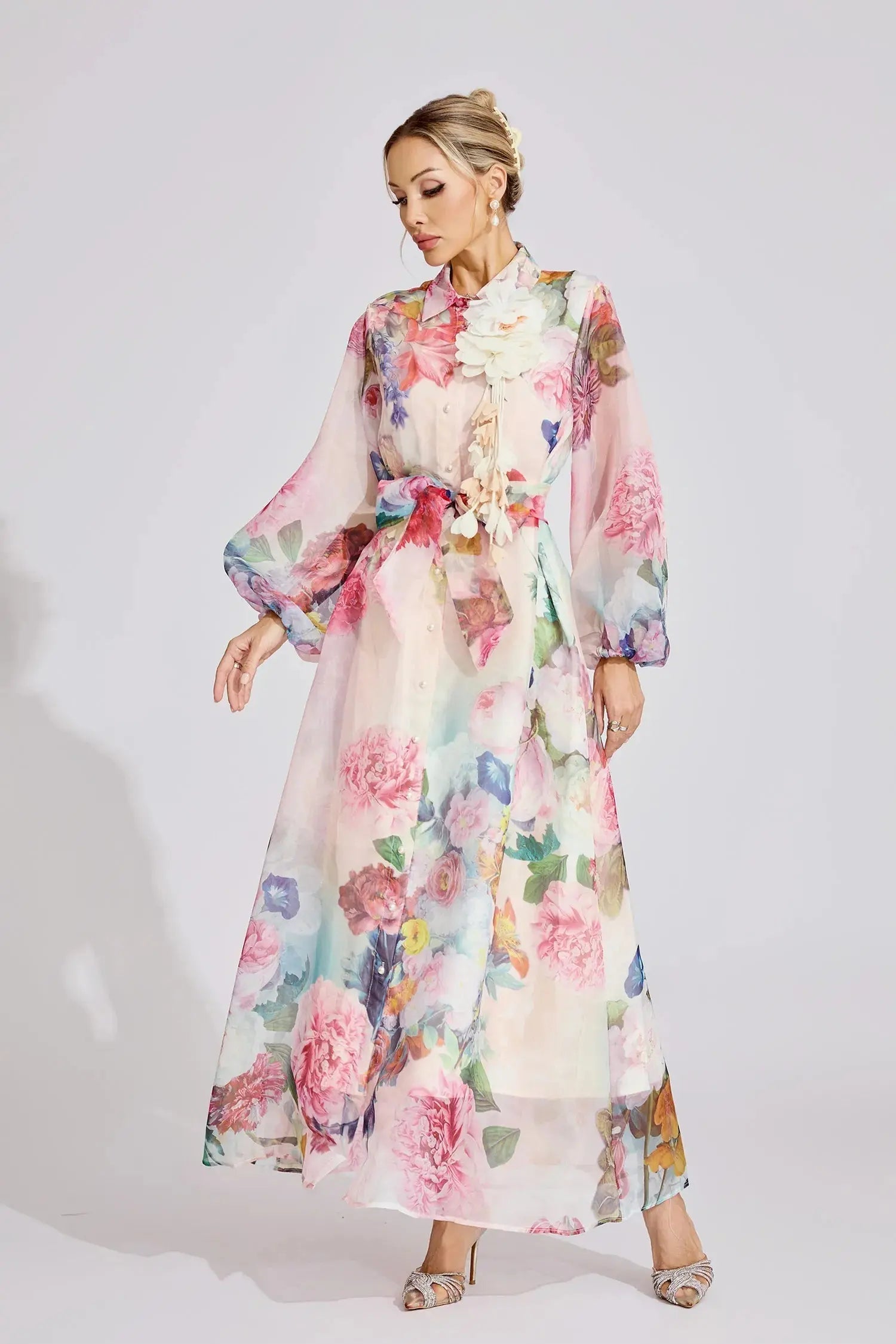 Pink Floral Printed Lantern Sleeve Maxi Dress