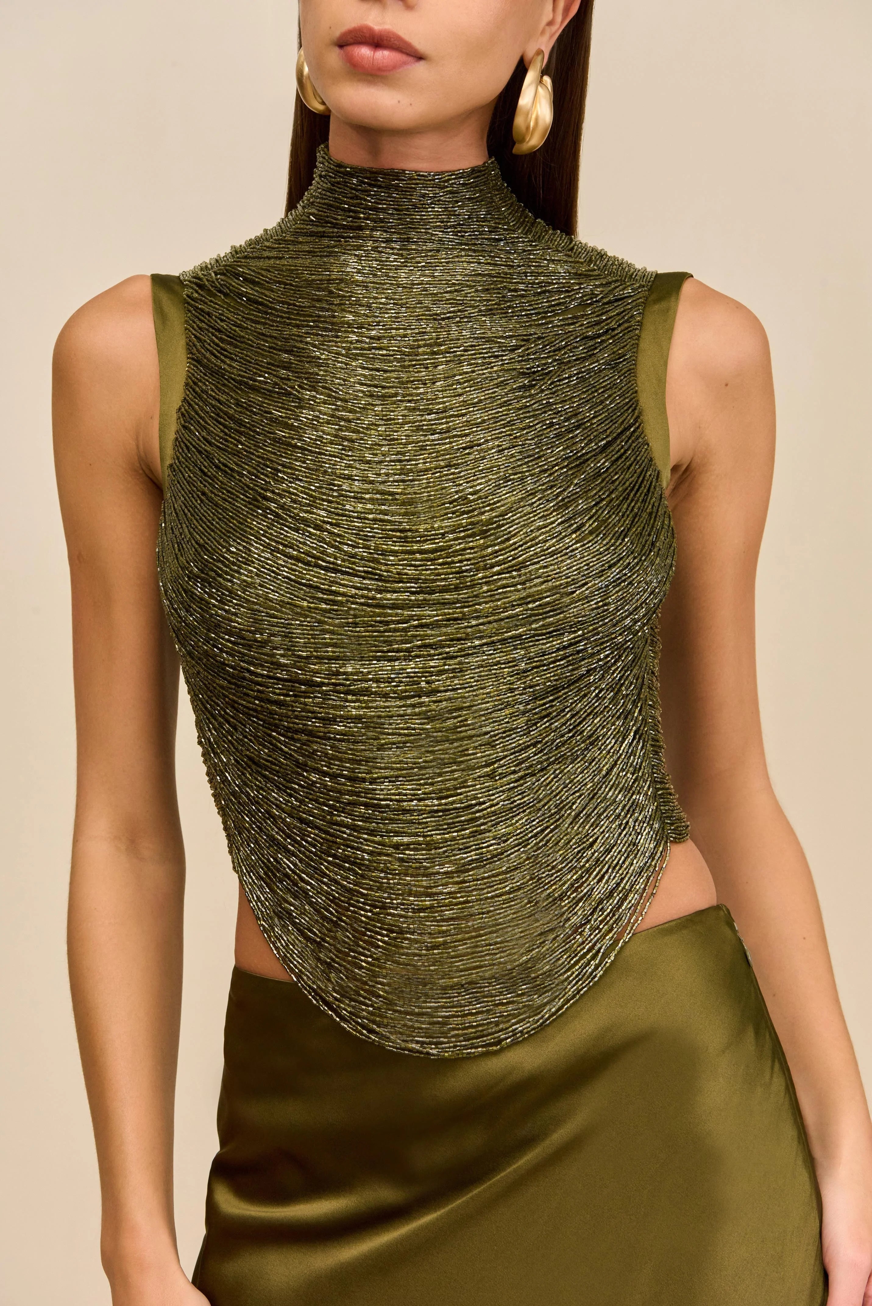 Sleeveless Turtleneck Paneled Top and Satin Skirt Set in Green