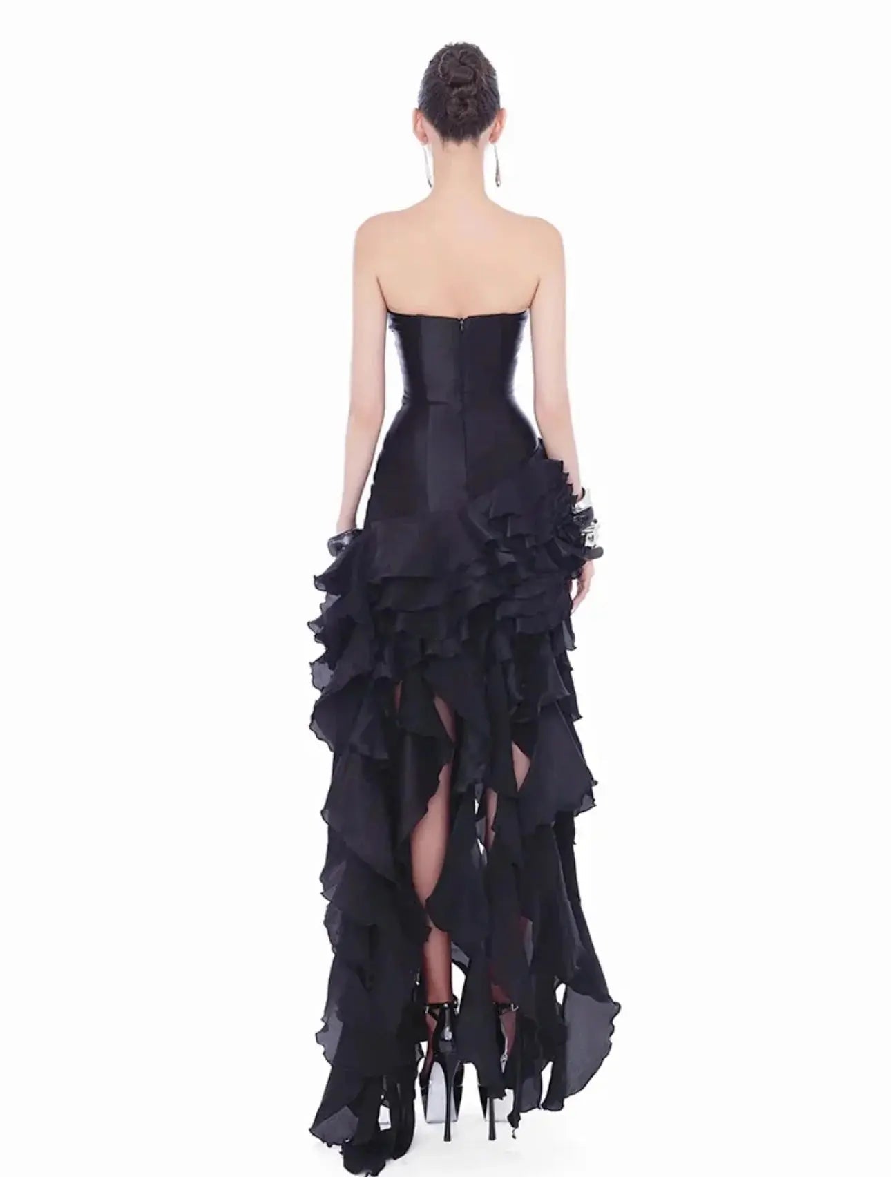 Ruffle Crystal Midi Dress in Black