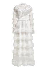 White Frill Round Neck Midi Dress