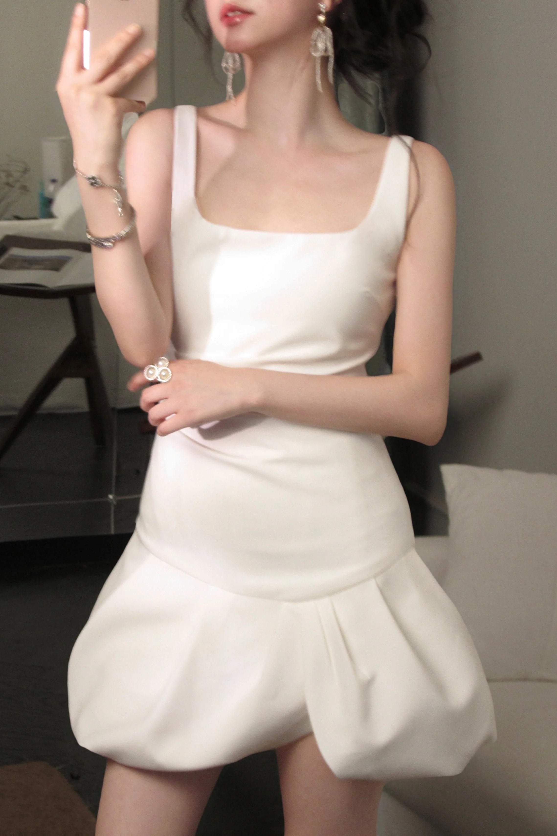 Square Neck Bud Mini Dress in Beige