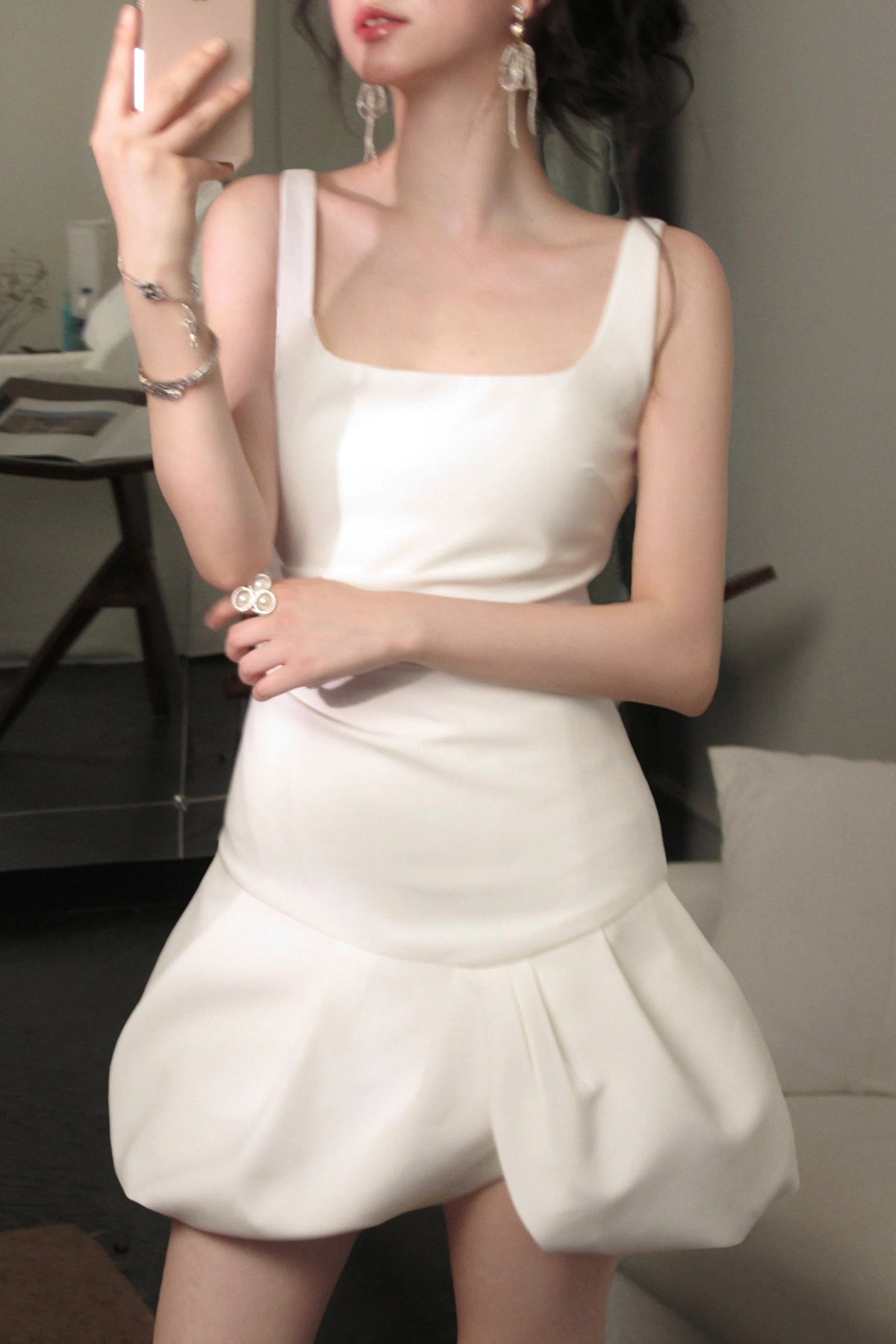 Square Neck Bud Mini Dress in Beige