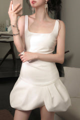 Square Neck Bud Mini Dress in Beige