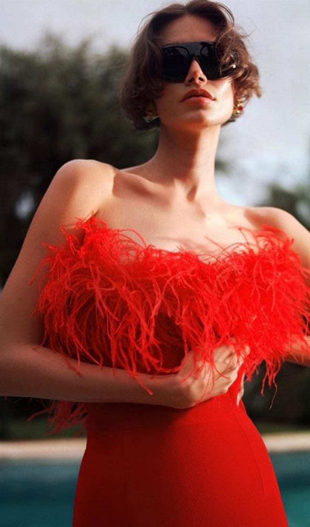 Stretch Feather Trimmed Gown in Red