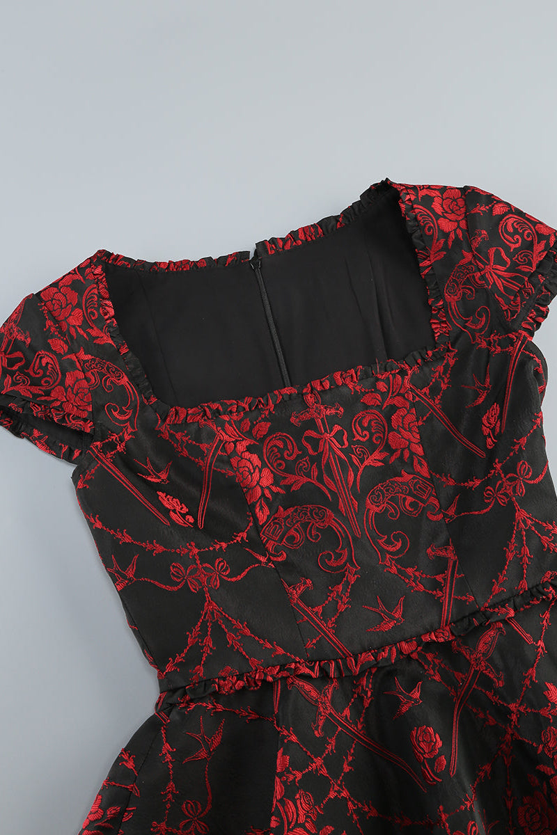 Square Neck Mini Dress in Black Red