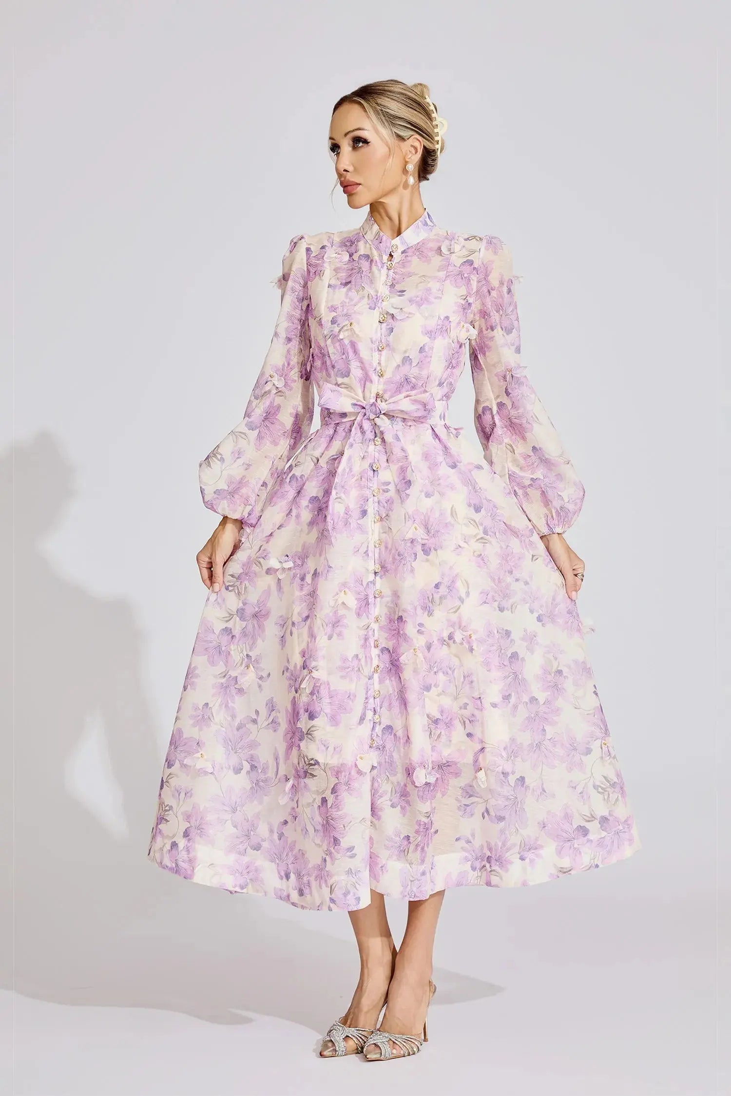 Floral Print Lantern Sleeve Maxi Dress in Purple