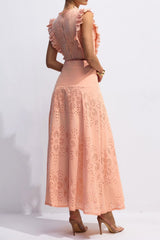 V-Neck Embroidery Crop Top & Skirt Set in Orange