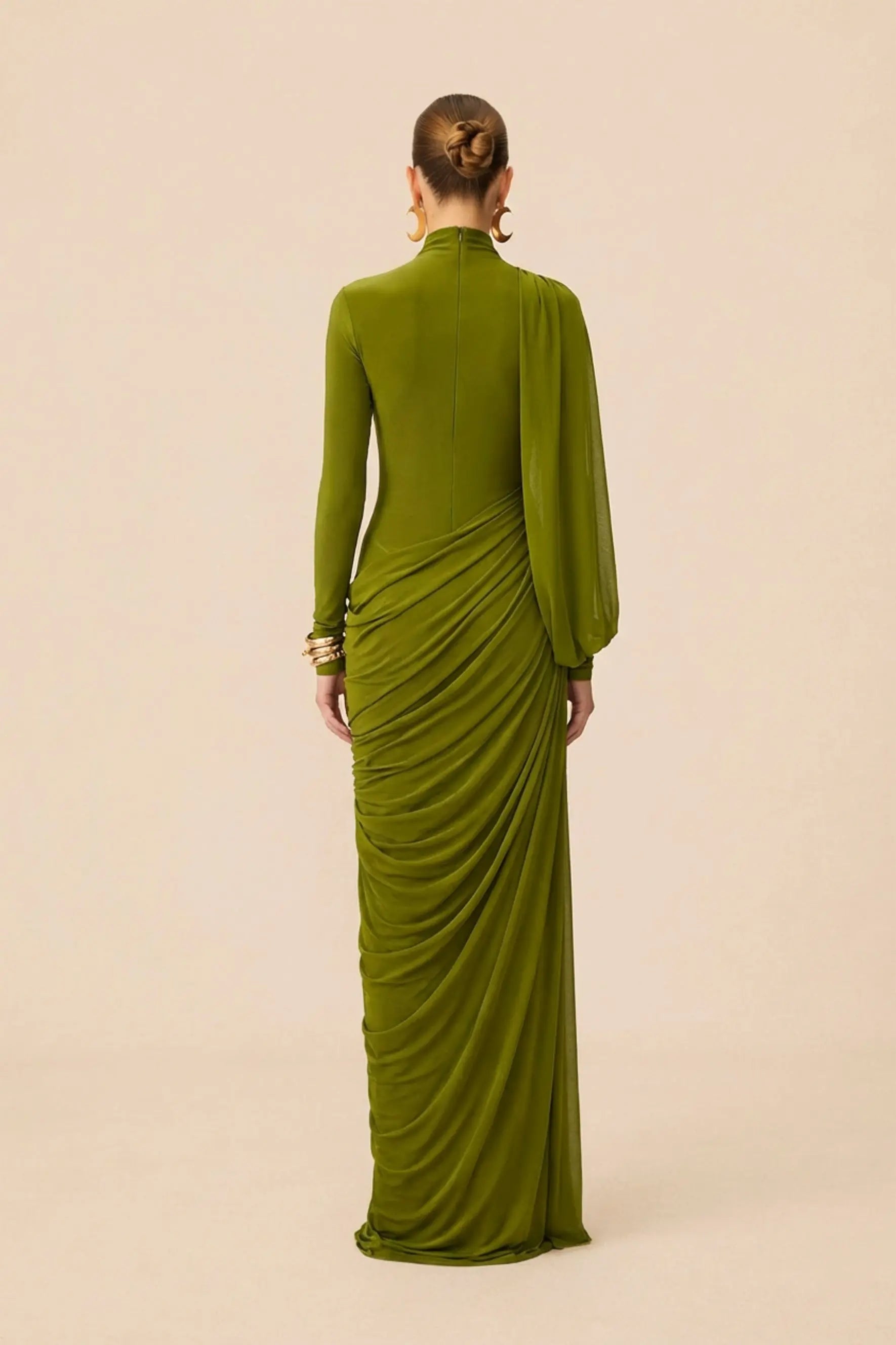 High Neck Drape Ruched Maxi Dress in Green
