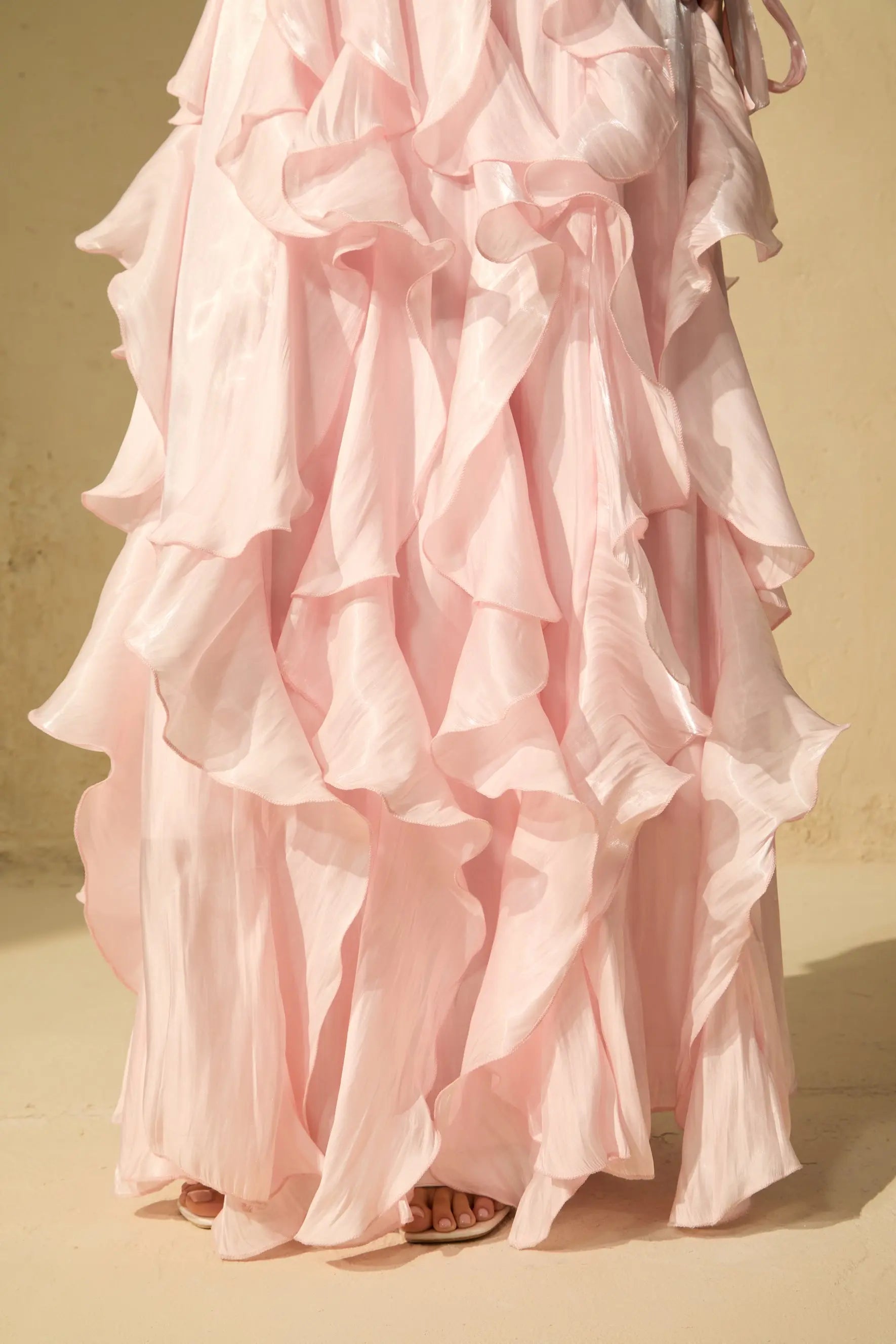 Puff Sleeve Ruffle Trim Maxi Dress in Pink
