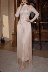 Champagne Cold Shoulder Rhinestone Fringe Dress