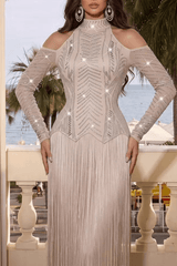 Champagne Cold Shoulder Rhinestone Fringe Dress