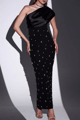 Black One Shoulder Satin Rhinestone Dress