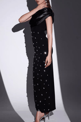 Black One Shoulder Satin Rhinestone Dress
