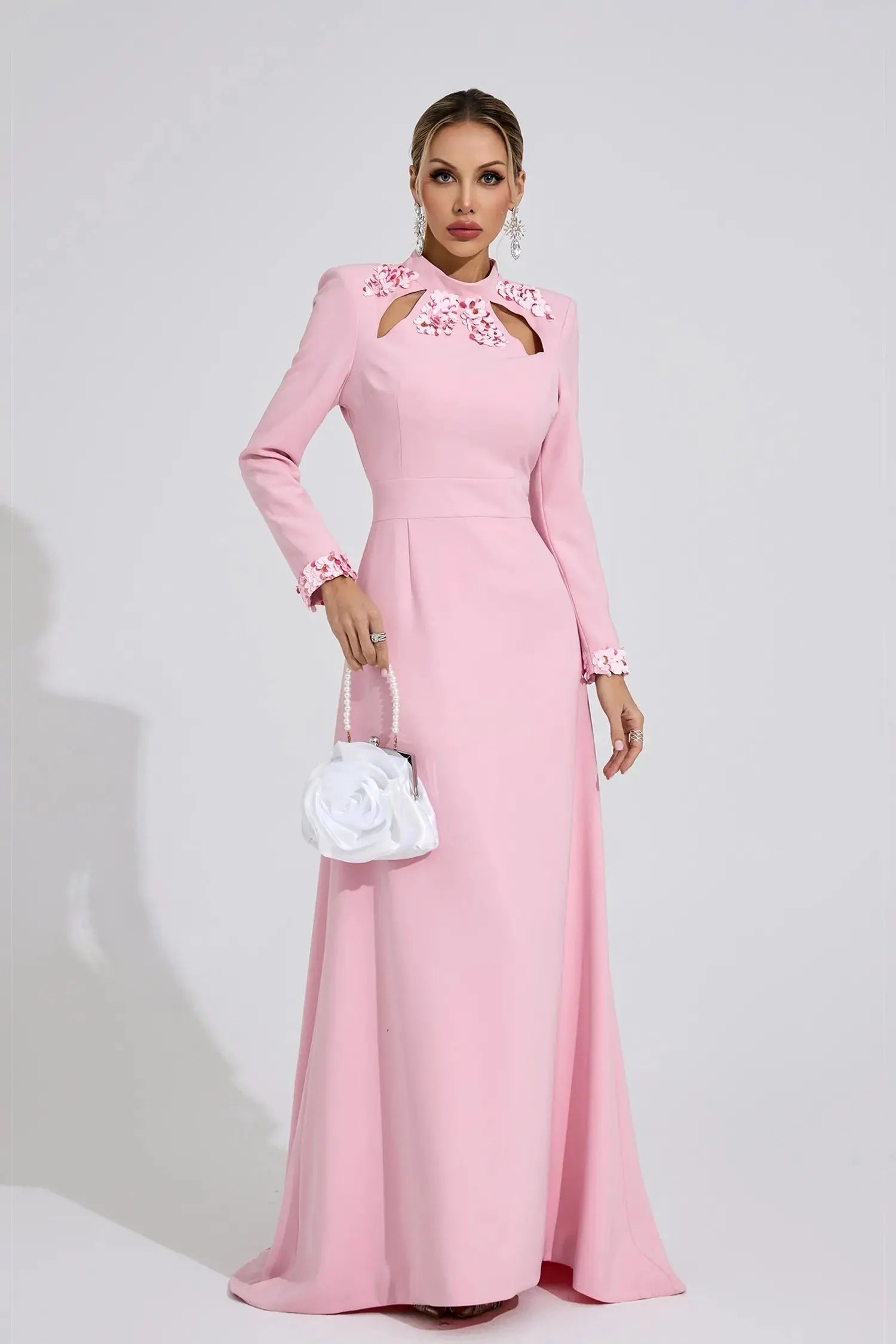 Light Pink Rhinestone Cutout Maxi Dress