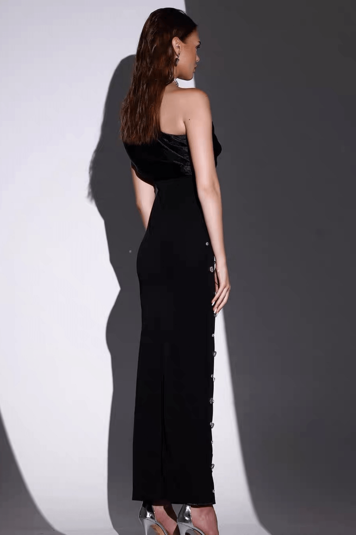 Black One Shoulder Satin Rhinestone Dress