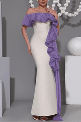 Off Shoulder Contrast Ruffle Dress in Purple