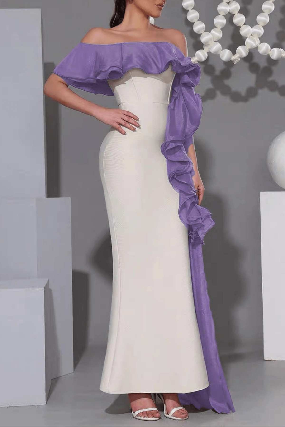 Off Shoulder Contrast Ruffle Dress in Purple