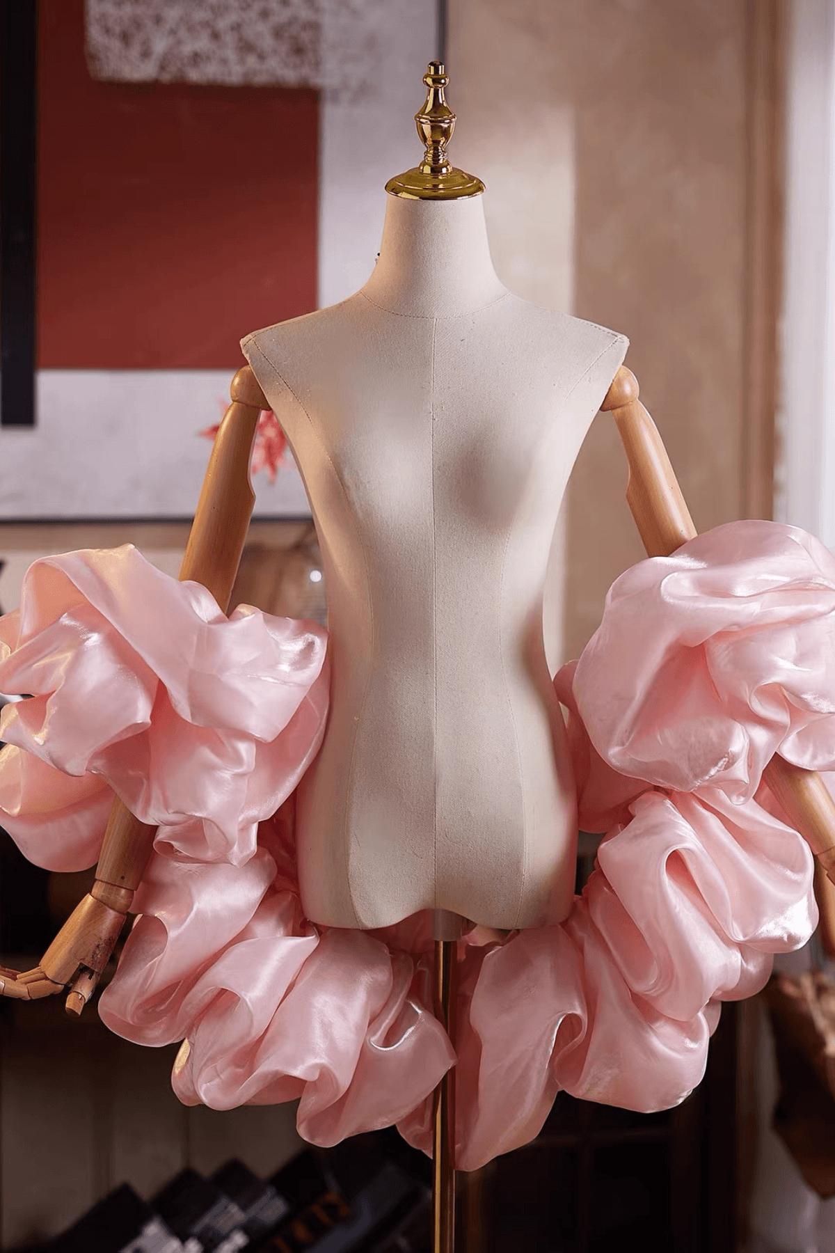 Pink Glossy Organza Voluminous Ruffled Shawl