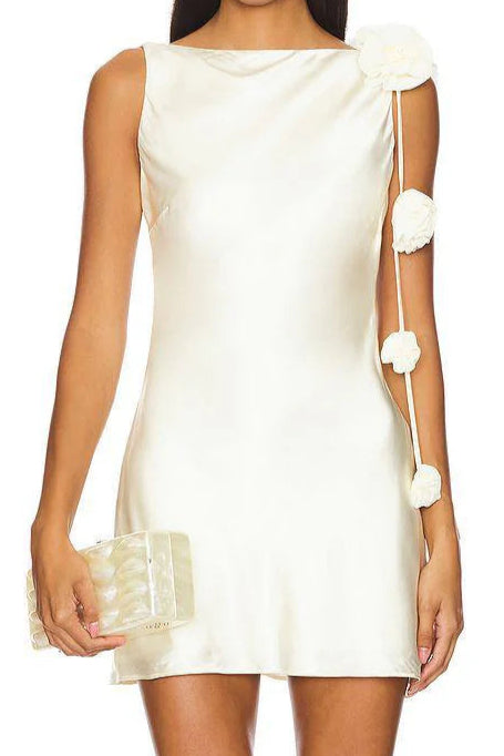 3D Flowers Sleeveless Mini Dress in White