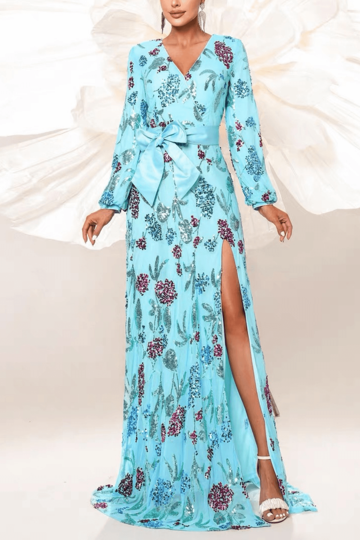 Merry Light Blue Sequin Floral Maxi Dress
