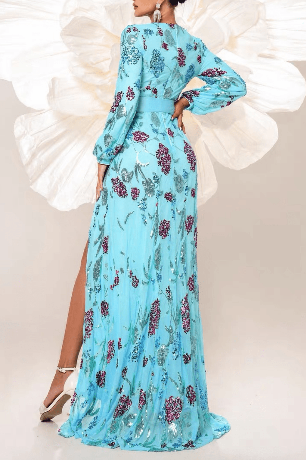 Merry Light Blue Sequin Floral Maxi Dress