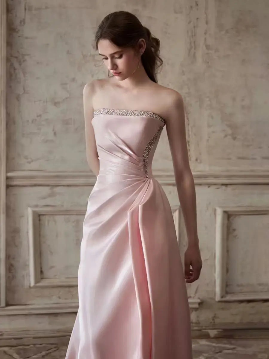 Ruched Beading Pink Prom Dress