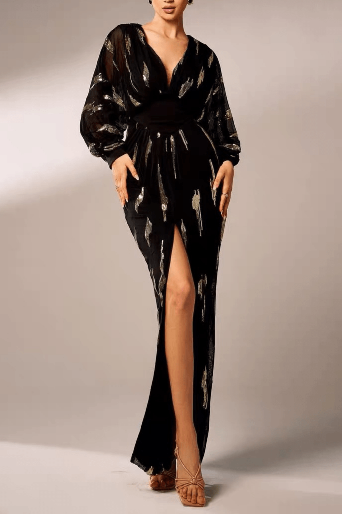 Black Gold Sequin V-Neck Dress