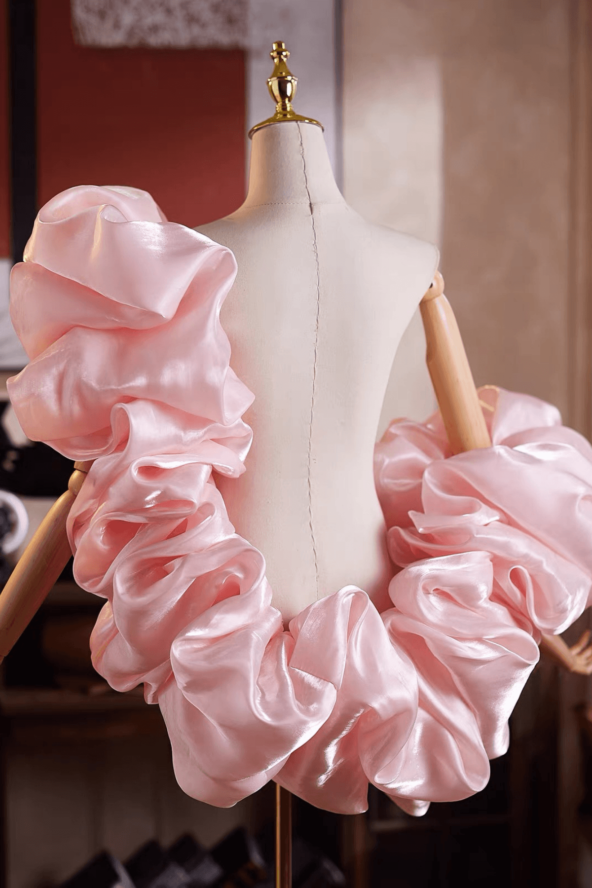Pink Glossy Organza Voluminous Ruffled Shawl