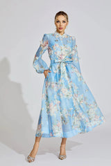 Blue Floral Printed Puff Sleeve Maxi Dress