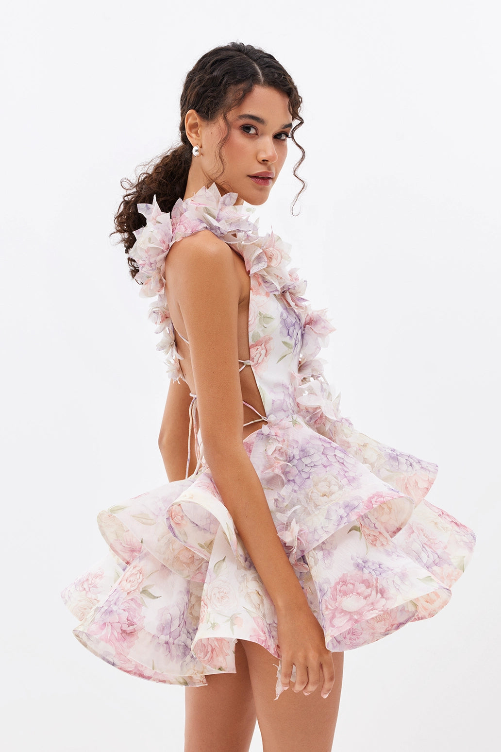 3D Flower Ruffle Mini Dress in Pink